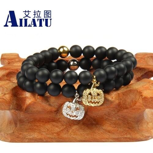Ailatu Wholesale New Arrival 8mm Natural Matte Onyx Stone Beads with Pumpkim Charm Beaded Bracelet for Halloweens Gift