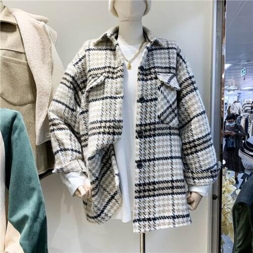 2021 Autumn New Loose Woolen Coat Medium Long Single Breasted Casual Versatile Small Fragrance Lattice Coat Women