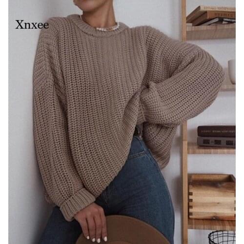 Autumn and Winter Elegant Solid Color Knitted Sweater Womens O-Neck Basic Plus Size Pink Sweater Long-Sleeved Cropped Top