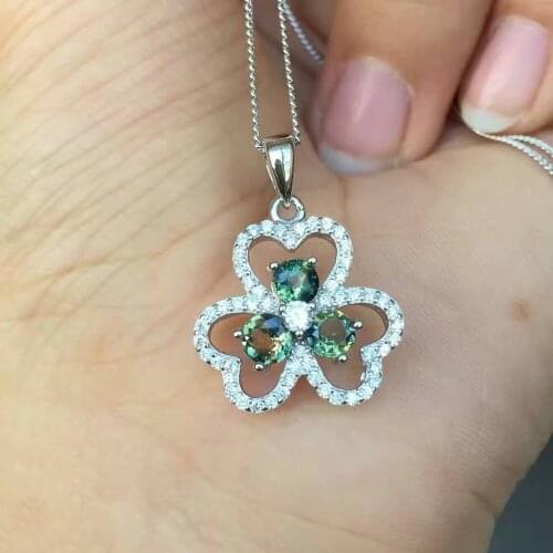 Natural blue sapphire gem pendant S925 silver Natural gemstone Pendant Necklace trendy Lucky clover women gril party jewelry