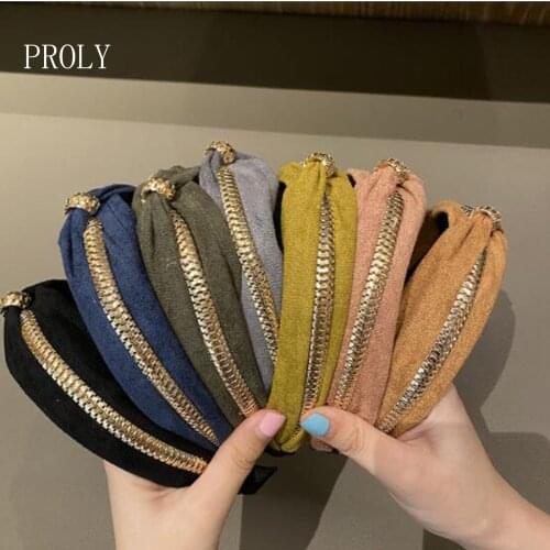 PROLY New Fashion Women Hairband Cross Knot Suede Cloth Alloy Chain Headband Center Knot Casual Turban Hair Accessories