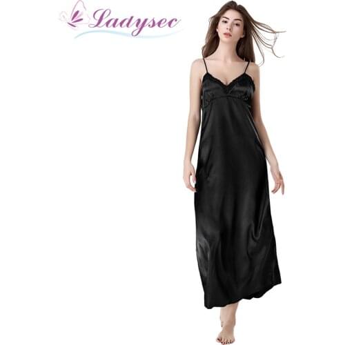 Silk Long Nightgown Spaghetti Strap Sleepy Lace Sexy V Neck Sleepwear For Women Solid Long Nightdress Lady Sexy Lingeries
