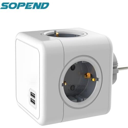 Sopend PowerCube EU Plug Power Strip USB Socket 5V 2.1A Multi Smart Plug Extension Electrical 4 Outlets 16A Home Charging Gray