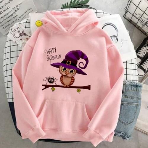 Hoodie Women Kawaii Owl Happy Halloween Printed Hoodies Sweatshirts Thin Fleece Winter Autumn Oversized Warm Hooded Sweatshirt