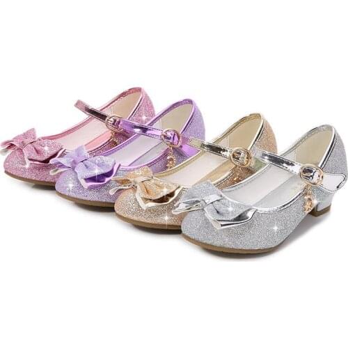 2021 Girls Princess Shoes Butterfly Knot High-Heel Shiny Leather Shoes for Kids Childrens Single Wedding Party Dance Footwear