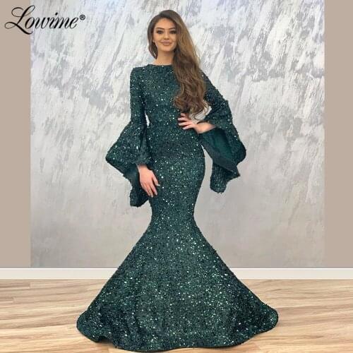 Sequins Mermaid Party Dress Robe De Soiree Pink Green Puffy Sleeves Kaftans Saudi Arabia Turkish Formal Evening Gown Prom Dress