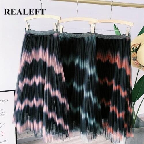 REALEFT 2021 Vintage Gradient Ink Printed Mesh Pleated Women Long Skirts High Waist Harajuku Umbrella Female Skirt Spring Summer