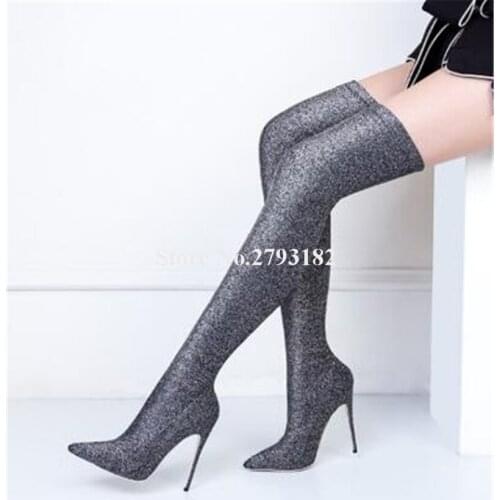 Women Sexy Pointed Toe Charming Bandage Over Knee Thin Heel Boots Slim Sequined Long High Heel Boots Club Dress Shoes