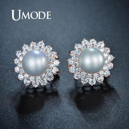 UMODE Flower Studs Earrings for Women Freshwater Pearl Earrings Clear CZ Zircon Studs Wedding Luxury Jewelry Femme Gifts UE0161A