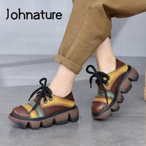 Johnature Pumps Women Shoes 2021 New Autumn Mixed Colors Genuine Leather Retro Lace-Up Round Toe Sewing Handmade Ladies Shoes
