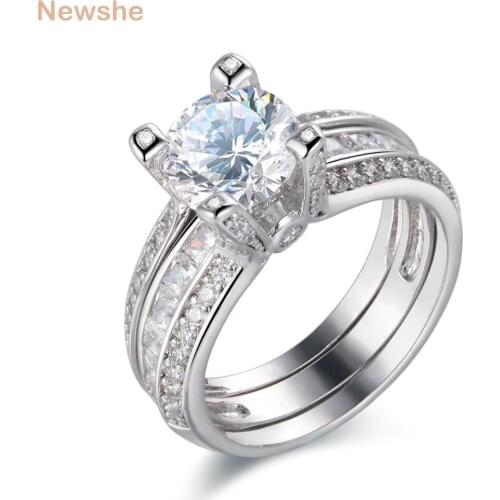 Newshe 2 Pcs Wedding Ring Set For Women Solid 925 Sterling Silver 2Ct Round Cut AAA CZ Engagement Rings JR4579_W