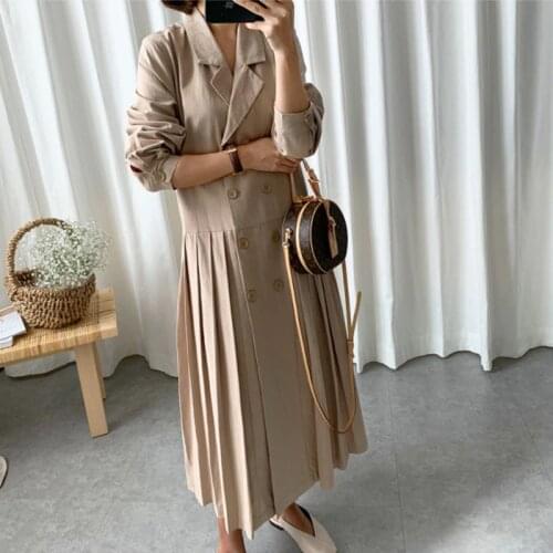 IHOBBY Women Loose Pleated Dress Trench Coat Spring Autumn New Long Sleeve Double Button BF Windbreaker Long Ruffle Dress Coat