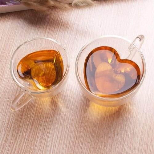 2pcs/Lot Clear Glass Mug Heart Shaped Double Walled Insulated Glass Coffee Mugs Tea Cups with Handle for Latte Milk Beer Juice