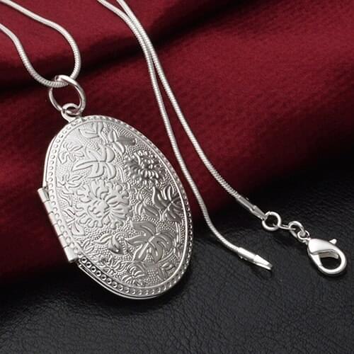 2015 Hot Fashion Silver Plated Carving Locket Pendant Chain Choker Necklace Jewelry Gift With Photo