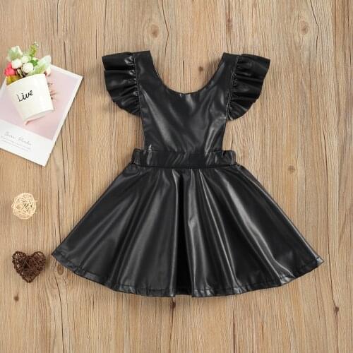 Fashion 2021 Toddler Baby Girls Overall Dress PU Faux Leather Ruffle Sleeve Backless Suspender Dresses For Kids Girls