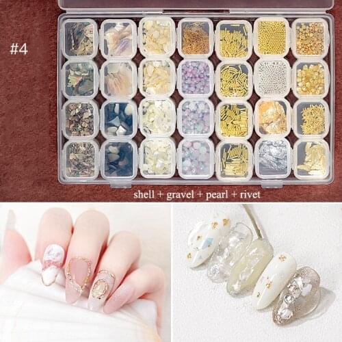 28 Grids Gold Hollow 3D Nail Art Decorations Mix Metal Frame Nail Rivets Pearl Shell Shiny Charm Manicure Accessories