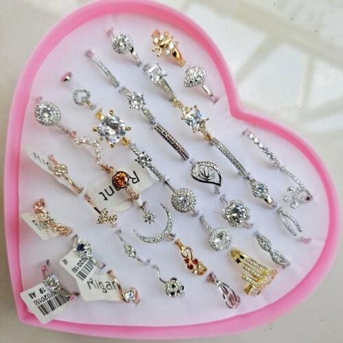 36pcs/lot Fashion Micro-inlaid Zircon Copper Rings For Women Mix Style Gold Silver Color Wedding Jewelry Party Gifts With Box