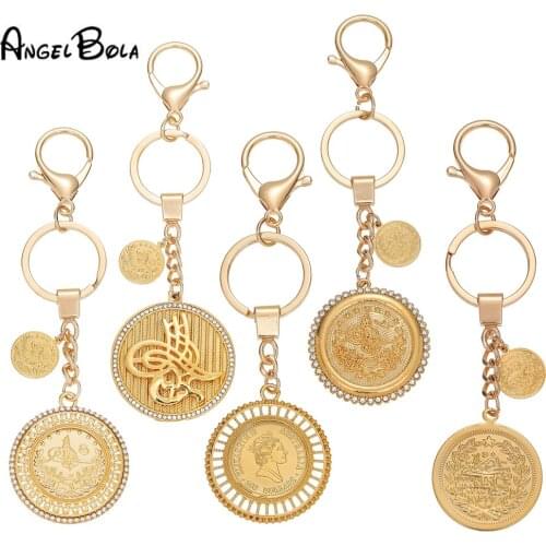 Middle East Muslim Islamic Allah Jewelry Keyrings Turkish Coin Fashion Non-Fading Men Women Stainless Crystal Key Chain