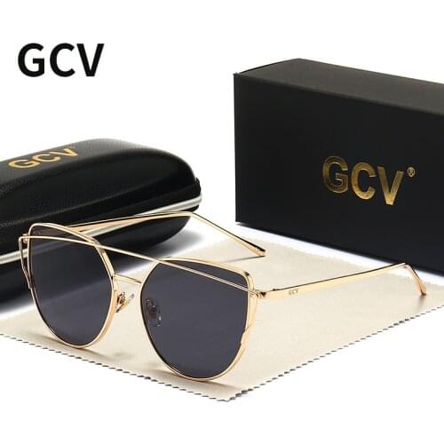 GCV Brand Cat Eye Sunglasses Metal Frame Glasses Geometric Design Lady Luxury Fashion Sun Shades UV400 To Prevent Glare Butterf