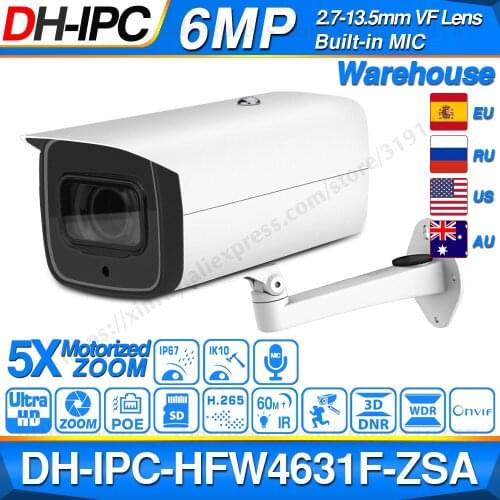 Dahua 6MP POE IP Camera IPC-HFW4631F-ZSA 2.7~13.5mm 5X Zoom VF Lens Bullet 60M IR Micro SD Card Slot Audio IP67 IK10