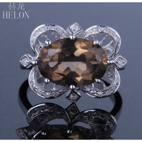 HELON 925 Sterling Silver Flawless Oval Cut 9x14mm Smokey Quartz Topaz Diamond Engagement Ring Trendy Fine Jewelry Diamond Ring