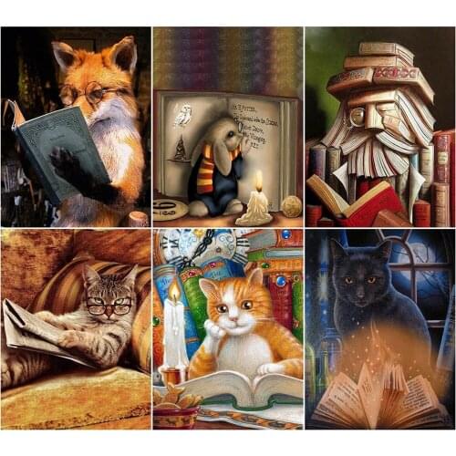 Canvas Size 5d Diy Diamond Embroidery Fox And Cat Reading Book Diamond Painting Cross Stitch Rhinestone Mosaic Decoration