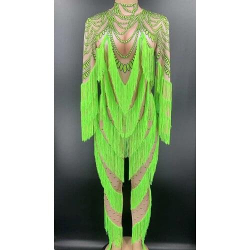 Sexy Green Fringe Long Sleeves Jumpsuit Women Dancer Singer Show Outfit Nightclub Bar DJ DS Birthday Prom Outfit Leggings
