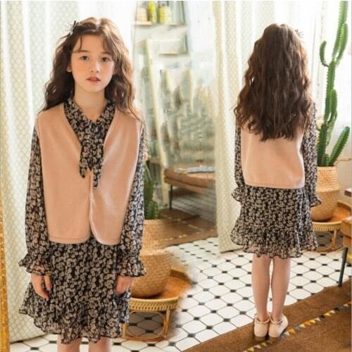 Korea Kids Clothes Girls 2021 Spring Girl Sets Fashion Vest Chiffon Dress 2 Pcs Sets Boutique Kids Clothing 6 8 10 12 Year