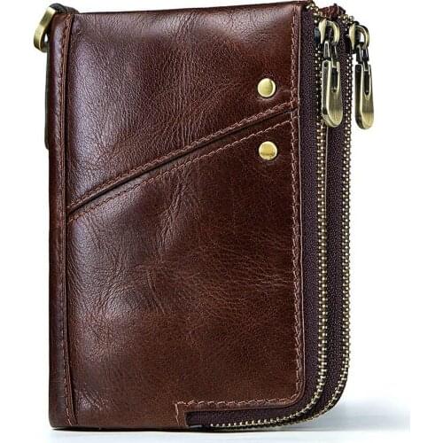 Anti-theft Brush Leather Mens Wallet Fashion Multifunctional Double Zipper Vertical Wallet Trend Trend Casual Coin Purse