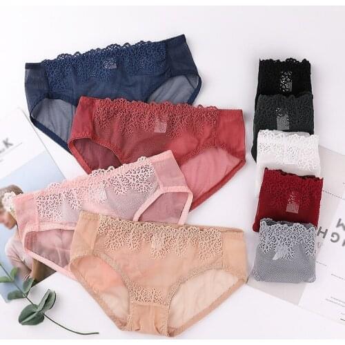 Low Waist Seamless Mesh Brief Sexy Women Panties Floral Lace Decor Hollow Out Breathable Stretchy Brief Intimate Underpants
