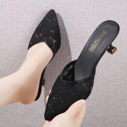 2021 summer new ladies wild half slippers fashion Baotou sexy lace pointed sandals and slippers