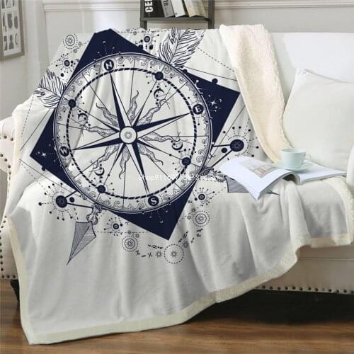Compass Throw Blanket Nautical Map Cool Design Bedspread World Map White Plush Sherpa Fleece Blanket for Bed Sofa 150x200