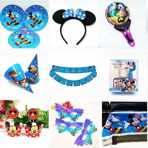 Mickey Mouse Birthday Party Supplies Child Boy Tableware cups plates banner tablecloth Set Spoon Birthday Party Decoration Kids