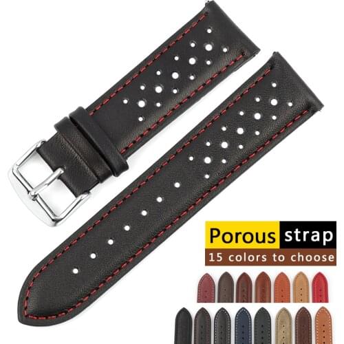 Genuine Leather Watch Band 18mm 20mm 22mm 24mm Breathable Porous Wristband Black Watch Bracelet Handmade Stitching Watchstrap