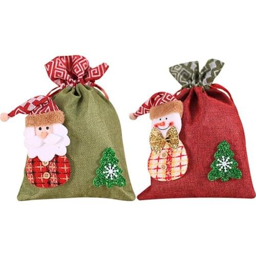 2Pcs/Set Christmas Burlap Candy Bags Cute Snowman Santa Pattern Gift Bag Drawstring Treat Bag Christmas Party Supplies For Kids