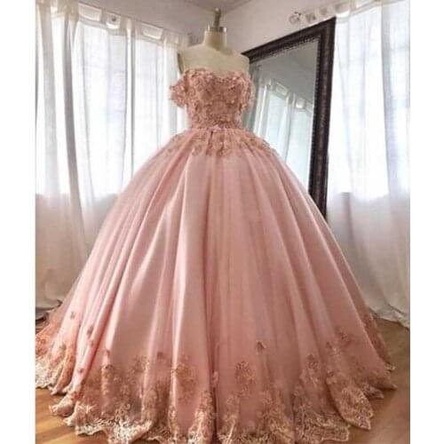 Off the Shoulder Pink Sweet 16 Quinceanera Dress 3D Floral Appliques Beaded Masquerade Prom Dress Formal Wear Vestidos