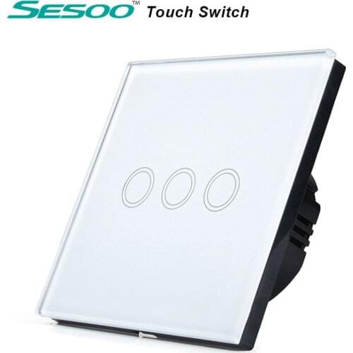 SESOO EU Standard Light Switch, 3 Gang 1 Way ,Crystal Glass Panel Touch Switch ,110V~240V AC Wall Switch for LED Lighting