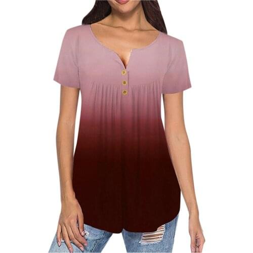 Pleated button Short sleeve Blouses Top V-Neck Gradual tee shirt Women summer Casual Loose Elegant harajuku Women top shirt