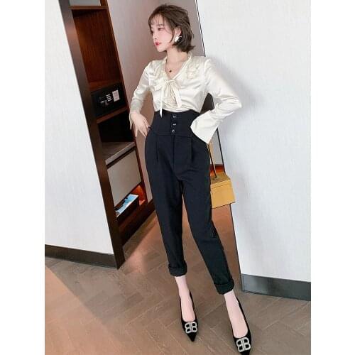 Stitching lotus lace V Collar shirt+Waistband suit pants suit womens wear 2021 Spring new