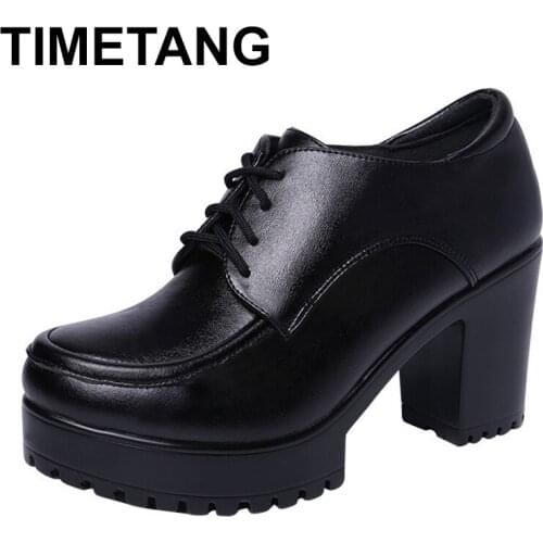 TIMETANGPlus Size Block Heels 34-43 Deep Leather Shoes Pumps Oxford Shoe Women 2019 Autumn Winter High Heels Shoes with Platform
