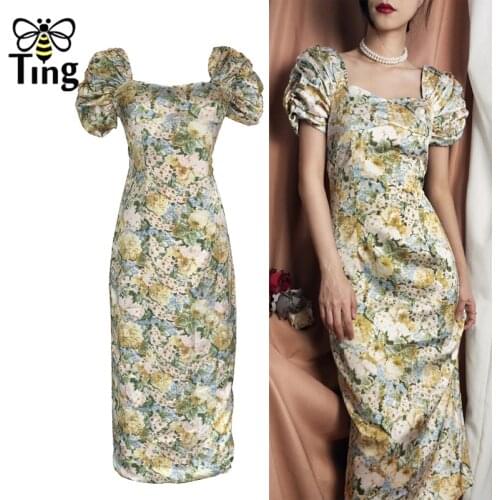 Tingfly 2020 Paris Vintage Puff Sleeve Floral Midi Dinner Party Night Dresses Retro Elegant Painting Dress Robes Bodycon Elbise