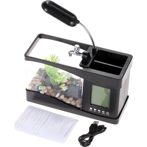 Usb Mini Fish Tank Desktop Electronic Aquarium Mini Fish Tank with Water Running LED Pump Light Calendar Clock White Black