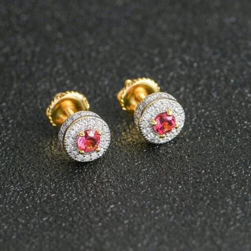 Hip HOP 5A+ Red Blue Stone Bling Ice Out Stud Earring Round S925 Sterling Sliver Earring for Women Men Jewelry Earring for Girls