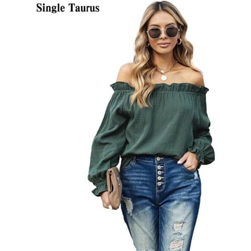 Lantern Sleeve Ruffles Slash Neck Women Blouse 2021spring Fall Lady Green Blouses Shirts Elegant Vintage Sexy Shirt Tops Chic