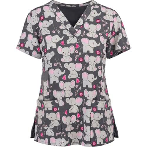 Women Elephant Print Nurse Uniform Ladies Short Sleeve V-neck Neck Tops Working Uniform Blouse Shirt medical Scrubs Uniforms NEW