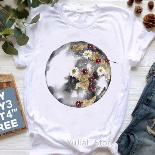 Watercolor Moon Floral Print Women T-Shirt Pink Rose Tshirt Femme Summer Fashion T Shirt Female White Short Sleeve Tshirt