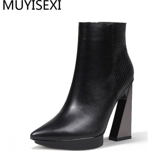Women Boots Genuine Leather Pointed Toe 11cm High Heels Brand Designer Women Shoes Chaussure Femme De Marque HL121 MUYISEXI
