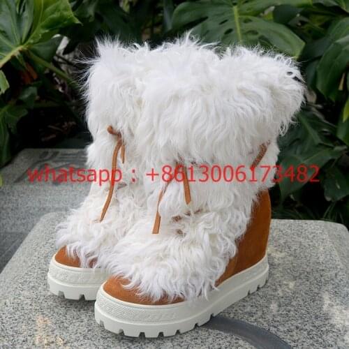 Real photos Winter woman Roll wool double sole inner heel lace up snow boots woman inner heel platform lace up snow boots