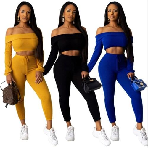 Two-Piece Set Women Fitness Outfits Off-Shoulder Folding Collar Solid Color Legging Sweatpants Women Sweatsuit