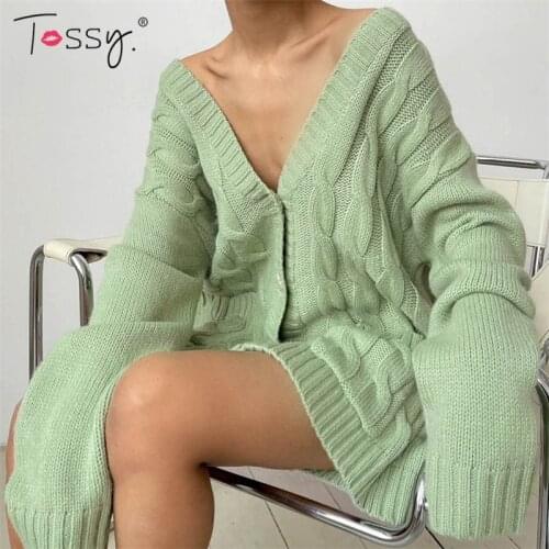 Tossy Oversized Knit Cardigan Sweater Women Casual Green Autumn Winter Knitted Twist Sweaters 2021 Ladies Fashion Loose Knitwear